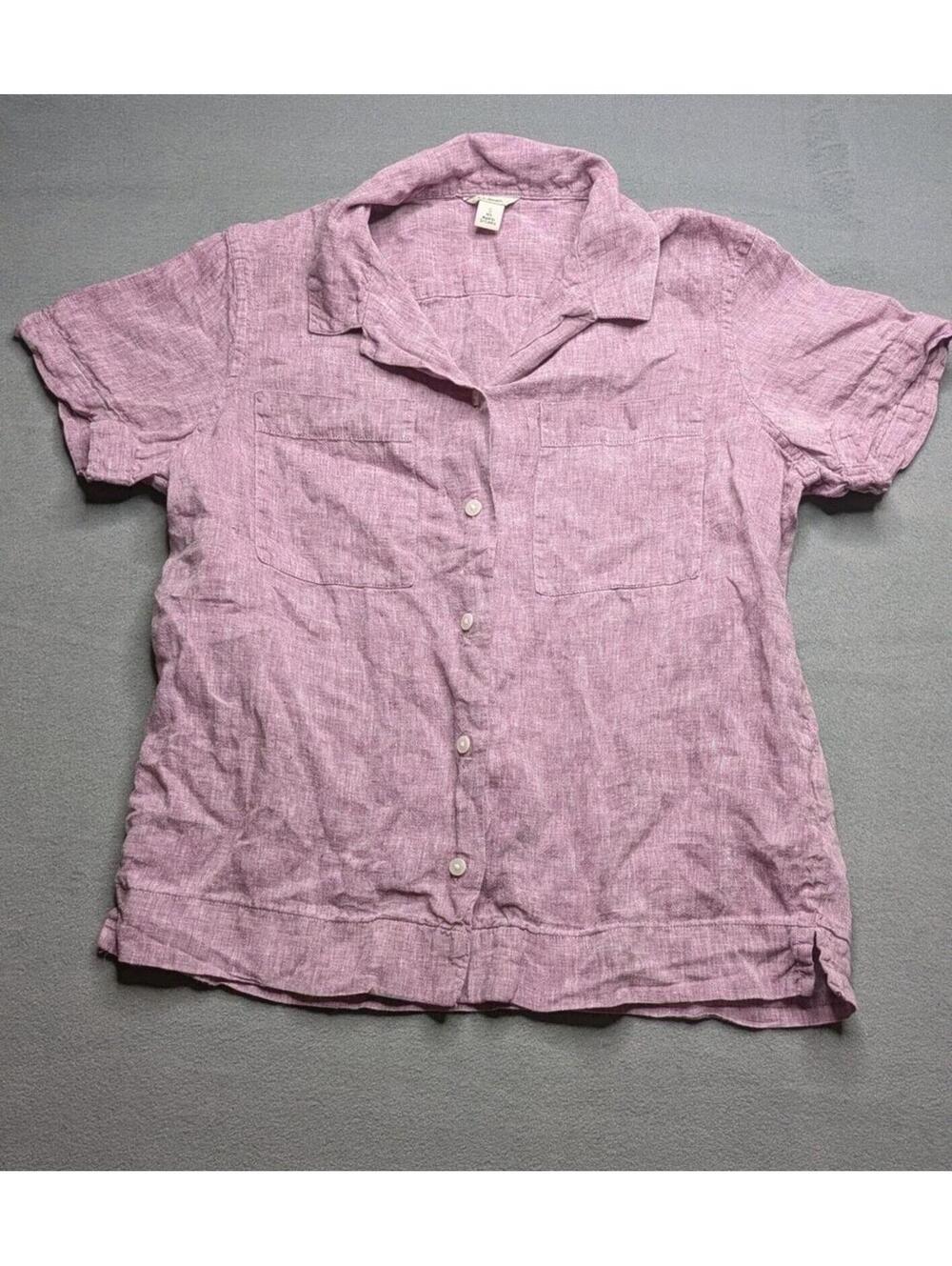 L.L. Bean Shirt Womens Small Pink Linen Short Sleeve Button Up Top Casual